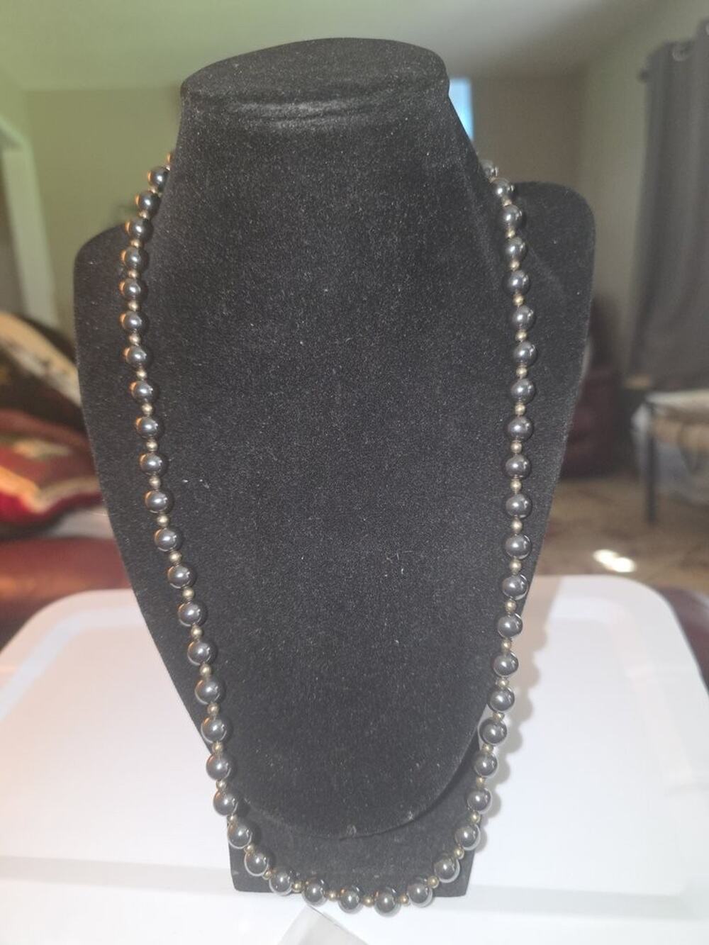 Vintage Hematite Bead Necklace with Silver Clasp
